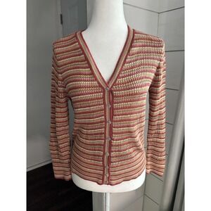 Peruvian Connection Cardigan Sweater Womens Small Striped Pima Cotton Knit Pullo